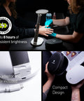 Foldi Go Portable Table Lamp for Crafts and Sewing used for detailed nail work, showcasing USB and compact carry case, white color.
