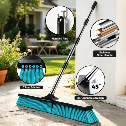 24 Inch Heavy Duty Push Broom With Stainless Steel Handle For Outdoor Commercial Sweeping And Patio Cleanup showing bristles and ergonomic design.