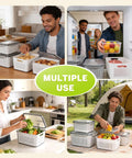 Multiple uses of Five Pack Fridge Storage Containers With Removable Colanders, Leakproof Lids, From Extra Large To Mini, indoors and outdoors.