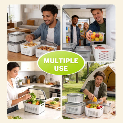 Multiple uses of Five Pack Fridge Storage Containers With Removable Colanders, Leakproof Lids, From Extra Large To Mini, indoors and outdoors.