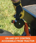 Gloved hand adjusting cable flow control on Tow Broadcast Spreader 85 Lb Capacity For Lawns, Spreads Up To Ten Feet