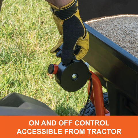 Gloved hand adjusting cable flow control on Tow Broadcast Spreader 85 Lb Capacity For Lawns, Spreads Up To Ten Feet