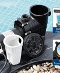 Heavy Duty Swimming Pool Pump With 2Hp Copper Motor And 1500W Output Offering Dual Voltage Setup With Built In Strainer Basket shown with detachable filter basket and visible lid.