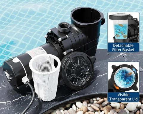 Heavy Duty Swimming Pool Pump With 2Hp Copper Motor And 1500W Output Offering Dual Voltage Setup With Built In Strainer Basket shown with detachable filter basket and visible lid.