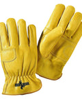 Rough Rider Double Palm Premium Leather Work Gloves With Elastic Back In Gold Large Size Heavy Duty Grip Unlined Tanned Leather Second Palm Layer For Puncture Protection Keystone Thumb Bound Leather Cuffs Pack Of 12, showing gold leather gloves with elastic back and keystone thumb design.