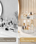 Two Tier Clear Rotating Makeup Organizer Stand Featuring Butter Smooth 360 Spin And Rock Solid Wobble Free Stability For Your Daily Skincare Routine With Reinforced Metal Base shown organized with cosmetics.