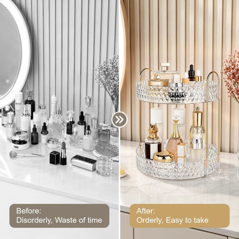 Two Tier Clear Rotating Makeup Organizer Stand Featuring Butter Smooth 360 Spin And Rock Solid Wobble Free Stability For Your Daily Skincare Routine With Reinforced Metal Base shown organized with cosmetics.