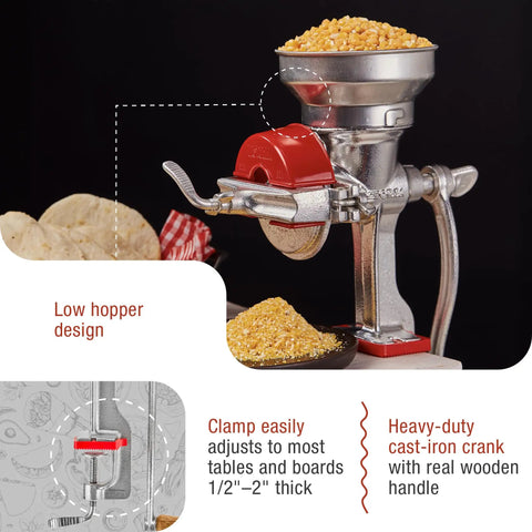 Manual Cast Iron Grain Mill With Low Hopper For Fresh Corn And Grains Hand Crank Grinder With Adjustable Screw Erosion Resistant Discs And Double Tin Plating Built To Last Made In Colombia
