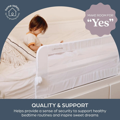 Child beside Fold Down Bed Rail For Toddlers, Fits Queen Size Mattress, With Safety Anchors For Secure Sleep, 43.25 Inch Wide
