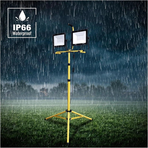 Security Lights Led Flood Light 2X100W 5000K Led Work Light with 100In,，，yellow portable stand under rain with IP66 waterproof rating.