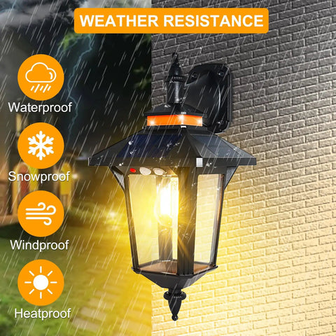 Two Pack Solar Wall Lantern Lights Outdoor With Motion Sensor, waterproof, mounted on wall in rainy weather