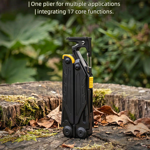 Light Purple 17 In One Tactical Multitool Pliers With Built In Flint Fire Starter And Carabiner Hammer on tree stump