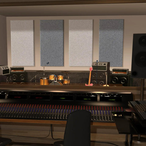 Pro Grade 2 Inch Thick Fiberglass Acoustic Panels With No Fuss Wall Hardware Two Pack Heather Grey installed in a recording studio.