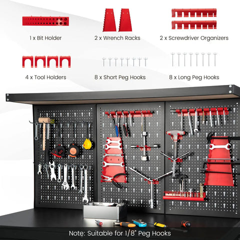 Heavy Duty 48 Inch Work Bench With Pegboard Storage showing tool organization with hooks, racks, and holders.
