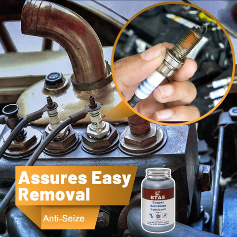 BTAS copper anti-seize lubricant bottle for automotive spark plug bolts, shown with engine components.