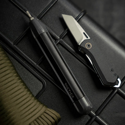 9 in 1 Precision Screwdriver Set for Knives and Gear Maintenance with pocket EDC tool, black aluminum cover, slim pen style.
