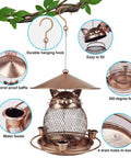 Squirrel Proof Metal Cat Shaped Bird Feeder For Outdoor Garden Yard Hanging Decor with adjustable baffle and durable build.
