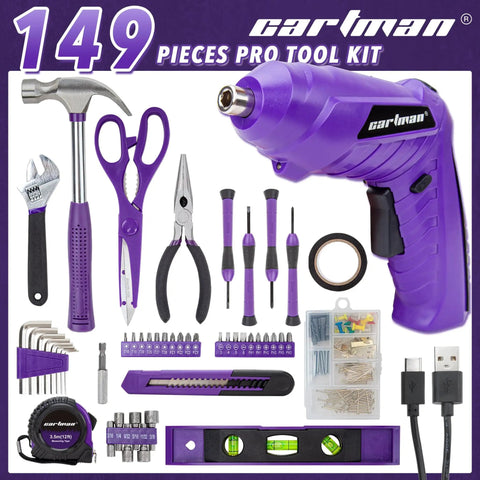 149 Piece Tool Set With Purple Cordless Screwdriver for Home DIY Projects in a Sturdy Household Tool Box Hand Tool Kit