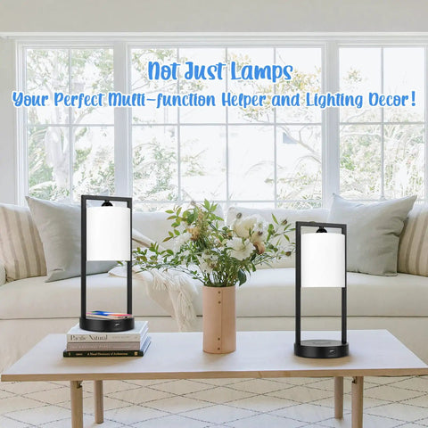 Modern White Table Lamps Set Of 2 With Touch Control, 3 Way Dimming, USB Charging Port And Wireless Charging Pad, E26 LED Bulbs Included in a living room