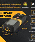 Laser Distance Measurer With 215 Ft Range, Diagonal Measuring Extension, And Mute Beep For Quiet Spaces, 100 Group Memory And Add Subtract Calculations, Ideal For Builders, Contractors, And DIYers, compact black and yellow handheld unit