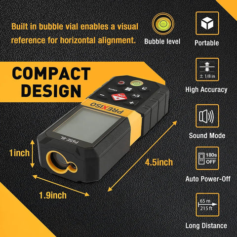 Laser Distance Measurer With 215 Ft Range, Diagonal Measuring Extension, And Mute Beep For Quiet Spaces, 100 Group Memory And Add Subtract Calculations, Ideal For Builders, Contractors, And DIYers, compact black and yellow handheld unit