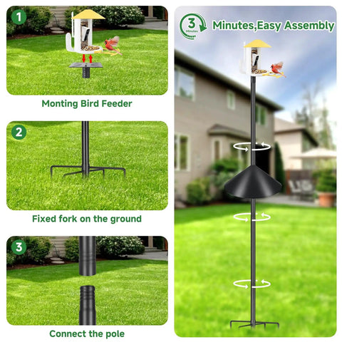 Beefy Heavy Duty Adjustable Bird Feeder Pole With Squirrel Baffle And Universal Stand Mount assembled in backyard