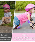 Before and after of a child with and without the Super Comfy Kids Protective Gear Set Knee Pads Elbow Pads Wrist Guards Ages 3-8