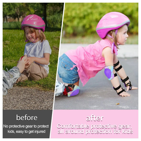 Before and after of a child with and without the Super Comfy Kids Protective Gear Set Knee Pads Elbow Pads Wrist Guards Ages 3-8