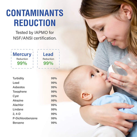 Woman feeding baby with bottle beside SGF M9 Replacement Water Filter For UKF8001 And EDR4RXD1 Systems, contaminants reduction chart.