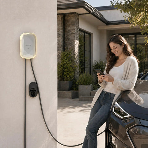 No Sweat Level 2 EV Charger 40 Amp 240V Home Wall Mount Electric Vehicle Plug In Station With Smart App Control And Rfid Card J1772 Nacs Super Quick Charge with user checking app.