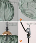 Close-up details of Green Glass Plug In Pendant Light with Cord Hand Blown 8.66 Inch Ribbed Glass Shade in four parts: edge angles, smooth surface, cord protection, iron clamp.