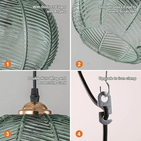 Close-up details of Green Glass Plug In Pendant Light with Cord Hand Blown 8.66 Inch Ribbed Glass Shade in four parts: edge angles, smooth surface, cord protection, iron clamp.