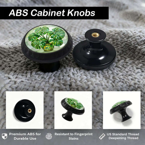 4 Pack Green Monstera Plant Cabinet Knobs For Kitchen And Bathroom on textured fabric, tropical design with screws