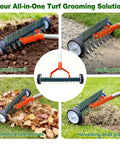 Wheeled dethatching rake for lawn with 15 inch heavy duty stainless steel head, adjustable long handle 35 to 67 inches, manual thatcher shown.