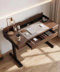 ModernMate Electric Standing Desk With Storage Drawers, height adjustable with storage and cup on wooden top for home office.