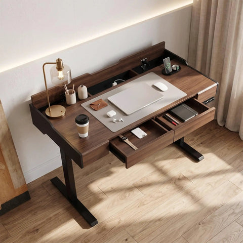 ModernMate Electric Standing Desk With Storage Drawers, height adjustable with storage and cup on wooden top for home office.