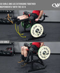 Leg Extension And Curl Machine For Home Or Commercial Gyms, Plate Loaded Quad And Hamstring Trainer shown in use for leg curls