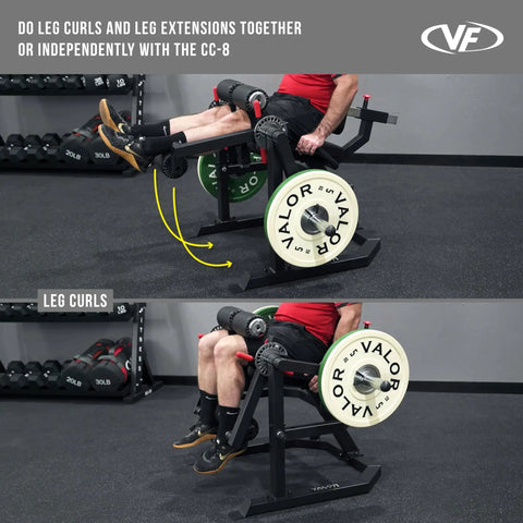 Leg Extension And Curl Machine For Home Or Commercial Gyms, Plate Loaded Quad And Hamstring Trainer shown in use for leg curls