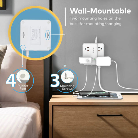 Wall-mounted 15ft Flat Plug Power Strip With 4 Widely Spaced Outlets And 4 USB Ports Including USB C In Bedroom Setting