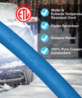 Close-up of Blue 100 Ft Outdoor Extension Cord SJTW 14/3 With 3 Prong Grounded Plug And Power Indicator Light in snowy weather