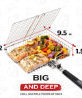 Grill Basket Set For Barbecue Lovers with salmon and veggies, stainless steel 12x9.5x1.5 inch deep, portable camp rack image.