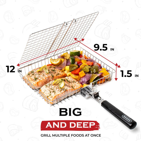 Grill Basket Set For Barbecue Lovers with salmon and veggies, stainless steel 12x9.5x1.5 inch deep, portable camp rack image.