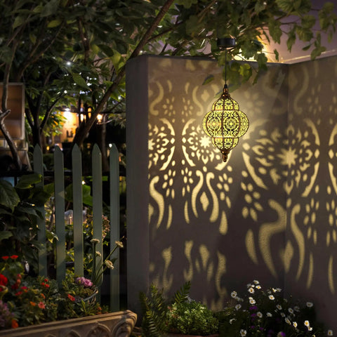 Hanging Solar Lanterns for Outdoor Decor Bronze Waterproof Garden Lights with Moroccan Style Plastic Design, illuminating wall pattern