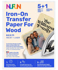 Wood Craft Iron On Transfer Paper For DIY Projects Five Sheets Eight And A Half By Eleven Inches Long Lasting Durable Pro Grade Quality Non Toxic Made In The USA Easy To Use For Home And Office Crafts packaging with family photo example and iron illustration.