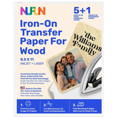 Wood Craft Iron On Transfer Paper For DIY Projects Five Sheets Eight And A Half By Eleven Inches Long Lasting Durable Pro Grade Quality Non Toxic Made In The USA Easy To Use For Home And Office Crafts packaging with family photo example and iron illustration.