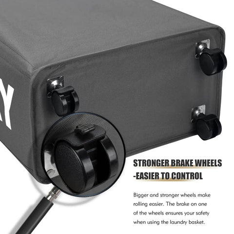 Close-up of wheels and brake on Slim Laundry Basket On Wheels With Grab-and-Go Handle, 40-45L Capacity, Gray