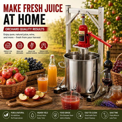 Heavy Duty Stainless Steel Hydraulic Fruit Press Juicer Squeezer Makes Juicing Apples Grapes Berries A Breeze For Homemade Cider Wine Cheese And Tinctures With Large Capacity Basket No Hassle High Pressure, 12L stainless steel hydraulic fruit press with 3T jack and apples, grapes, juice