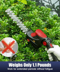 Cordless Hedge Trimmer 18V Max 1500 RPM 2-In-1 Electric Trimming Tool For Yard And Garden Great For Edges And Shaping Battery Not Included Compatible With M18 Lithium Batteries Red being used to trim a green bush, with a focus on the lightweight design.