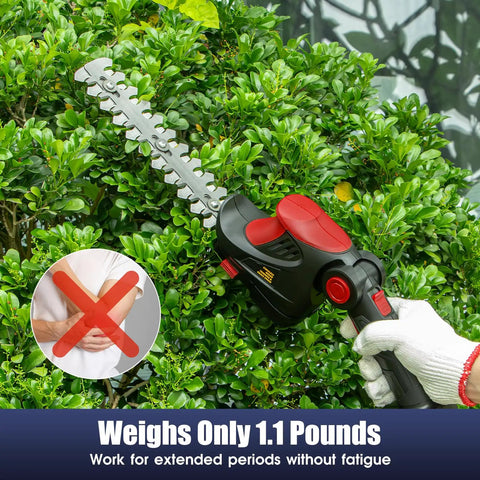 Cordless Hedge Trimmer 18V Max 1500 RPM 2-In-1 Electric Trimming Tool For Yard And Garden Great For Edges And Shaping Battery Not Included Compatible With M18 Lithium Batteries Red being used to trim a green bush, with a focus on the lightweight design.