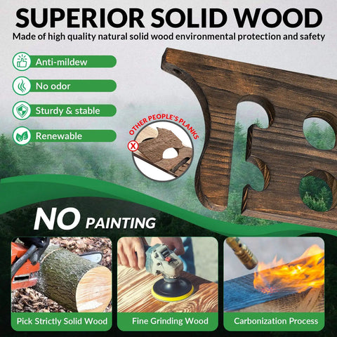 Close-up of solid wood wall mount fishing rod rack showing durability and eco-friendly features, holds up to 10 fishing rods.